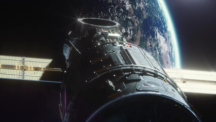 Wall Mural - a spaceship flying in space orbiting a planet