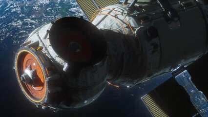 Wall Mural - a spaceship flying in space orbiting a planet