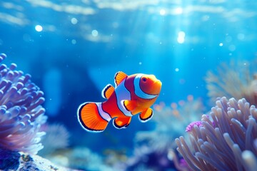 Wall Mural - Clownfish and anemone in a stunning underwater of open ocean. The enigmatic beauty of oceanic life. Natural background with beautiful lighting
