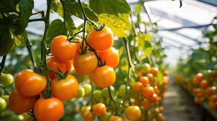 Canvas Print - Greenhouse orange tomatoes. Generative AI