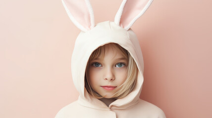 Wall Mural - Beautiful little girl with rabbit ears on pastel background