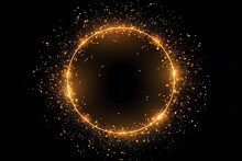 Gold Glitter Circle Of Light Shine Sparkles And Golden Spark Particles In Circle Frame On Black Background. Christmas Magic Stars Glow, Firework Confetti Of Glittery Ring Shimmer	