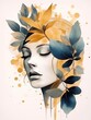 Wall art. Abstract watercolor drawing. Portrait girl's face in a vintage and soft color style and harmonious combination elements with various gold details