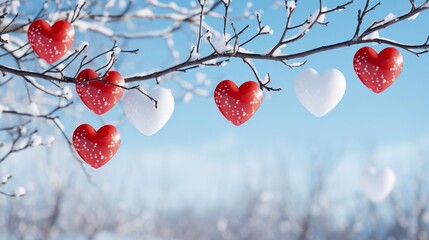 Wall Mural - Red heart balloon garland decoration elements in snow branches tree into frost on blue sky, winter mockup background banner Valentine's Day with copy space