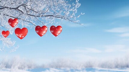 Wall Mural - Red heart balloon garland decoration elements in snow branches tree into frost on blue sky, winter mockup background banner Valentine's Day with copy space