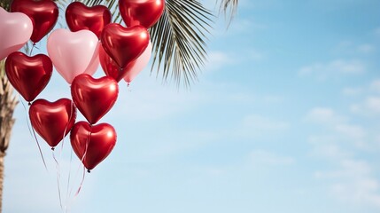 Wall Mural - Bottom view close up colorful red and pink heart balloon garland decoration elements in palm tree foliage on blue sky, holiday mockup background banner with copy space kids party, birthday