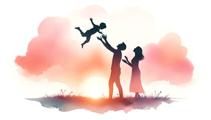 Wall Mural - Silhouette photo of a parent and child holding a child　子供を抱える親子のシルエット