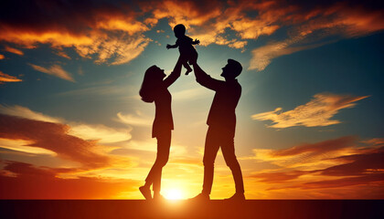 Wall Mural - Silhouette photo of a parent and child holding a child　子供を抱える親子のシルエット