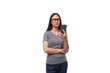 © Ivan Traimak - young cute brunette european woman dressed in a gray t-shirt uses a mobile phone on a white background