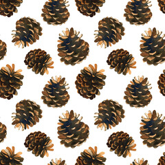 Wall Mural - Forest cones. Seamless pattern of pine cones. Watercolor illustration of coniferous trees. Woody plants. For background design, textiles, packaging