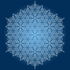 Round vector snowflake. Abstract winter hexagonal blue white ornament. Pattern with snowflake