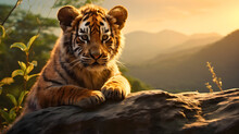 Cute Baby Tiger Cub Resting On A Rock In Sunny Wilderness Nature. Looking At The Camera, Little African Wild Cat, Outdoors In A Savanna Full Of Predator Animals
