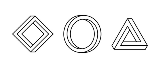 Aufkleber - Impossible shape set. Line optical illusion circle, square, triangle. Outline mobius strip collection. Abstract unreal geometric forms. Linear puzzle design elements for logo, icon, label, tag. Vector