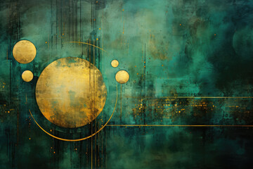 Sticker - Abstract textured grunge green and gold background with geometric elements and circles