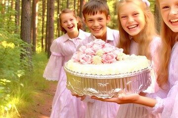 Cheerful kids holding delightful Easter pastries and colorful eggs in a vibrant spring setting