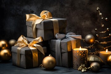 Christmas gift boxes with burning candles on wooden table against dark background.