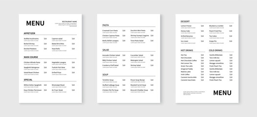 Wall Mural - Minimalist menu layout template. Restaurant and cafe menu design. Vector illustration