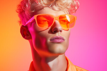 male model wearing fluro orange glasses editorial fashion shoot on plain neon pink studio background