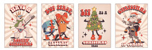 Funny Retro Cartoon Christmas Character In Groovy 50s, 60s, 70s Vintage Style. Happy New Year Mascot With Snowman, Gifts, Gingerbread, Santa, Deer. Lettering Cards Posters.
