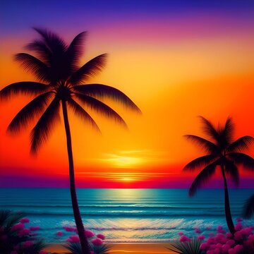 Picturesque Beach Landscape with Palm Trees and Flowers during Sunset Illustration