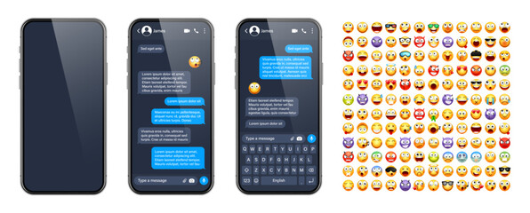 Smartphone messaging app, user interface with emoji. SMS text frame. Chat screen, blue message bubbles. Texting app for communication. Social media application. Dark mode. Vector illustration