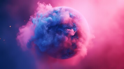 Canvas Print - 3d illustration of blue planet in pink and blue clouds of smoke