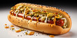 Hot dog with mustard and tomato ketchup. Generative AI.