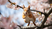 A Playful Squirrel, With A Blossoming Tree In The Background, During Its Acrobatic Antics Among The Branches On A Breezy Spring Day