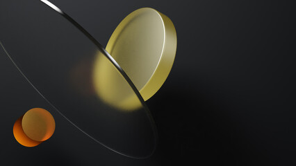 Aufkleber - 3D rendered illustration with glass shapes in different colors. A minimal abstract scene with geometrical forms on a dark background. Set of Geometric shapes in a dynamic composition.