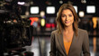 Beautiful female TV news anchor in news studio