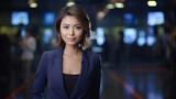 Fototapeta  - Beautiful female TV news anchor in news studio
