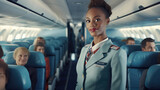 Fototapeta  - A woman works as a flight attendant on a passenger plane