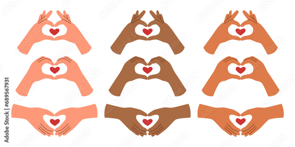Set of human hands showing a heart, different skin colors, in flat ...