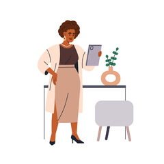 Poster - Business woman with gadget in hand. Female employee using technology, tablet PC at work. Modern office worker, manager reading on digital pad. Flat vector illustration isolated on white background