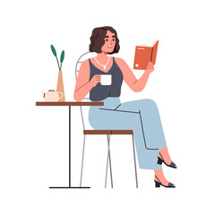 Poster - Happy woman reading book, sitting at cafe table. Girl reader character holding literature, relaxing with novel and coffee cup at leisure time. Flat vector illustration isolated on white background