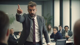 Fototapeta  - Man manager wearing a suit get angry in office meeting room pointing out to coworkers and setting up a bad unhealthy ambiance at work
