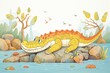 alligator leisurely lying on a riverbank lined with stones