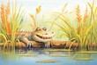 alligator resting on riverbank among reeds