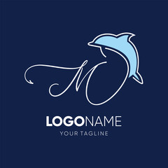 Wall Mural - Lettering script M with Dolphin Silhouette Logo Design Vector Icon Graphic Emblem Illustration