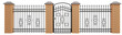 Elements of forded fence with brick supports and a gate. Wrought iron fence. 3D render. PNG file.