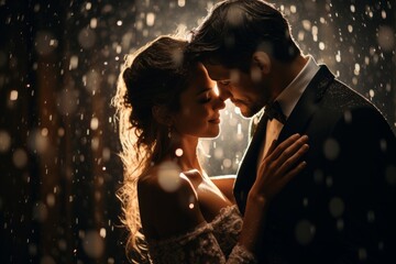 A Couple Embracing in the Rain. A man and a woman standing in the rain sharing a romantic kiss