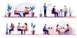 © Color Chronicles - Corporate discussion illustration set. Colleagues meeting at table, discussing project at workplaces. Communication concept. illustration for topics like business, partnership, Generative AI