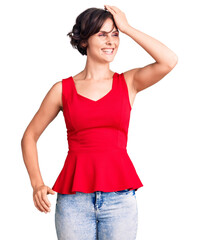 Poster - Beautiful young woman with short hair wearing casual style with sleeveless shirt smiling confident touching hair with hand up gesture, posing attractive and fashionable