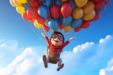 Happy kid boy having fun flying up with air ballons. Funny child cartoon character of little boy with vintage aviator glasses and helmet. Freedom and happy childhood concept. Generative AI