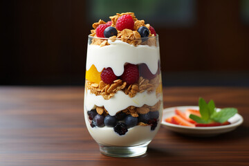 Wall Mural - An image of an elegant cereal parfait in a tall glass - artistically layered with yogurt - various fruits - and granola - serving as a sophisticated and appealing brunch offering.