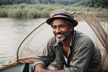 Smiling Male Fisherman With Fishing Net Right Next To A Lake