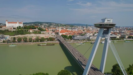 Wall Mural - Aerial view of the Bratislava cityscape, Slovakia. UFO tower observation deck