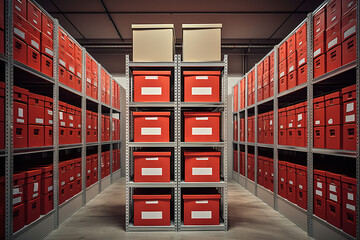 Sticker - a self-storage unit, showcasing well-organized shelves lined with labeled boxes.