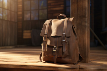 Beautiful leather retro backpack standing on the ground leaning against a wooden beam on the wooden floor in the room.generative ai