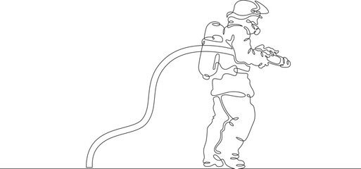 Wall Mural - Firefighter in protective uniform. Male rescuer character. Fire officer. One continuous line drawing. Linear. Hand drawn, white background. One line.